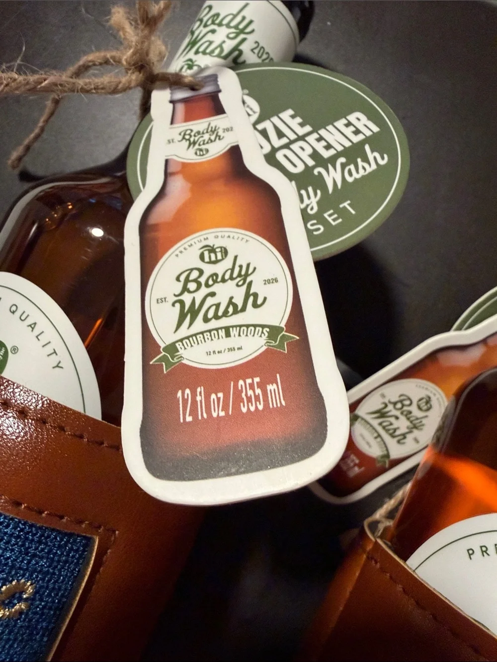 Body Wash Gift Set with Brown Leather Koozies - Blue & Red Patch Designs NEW